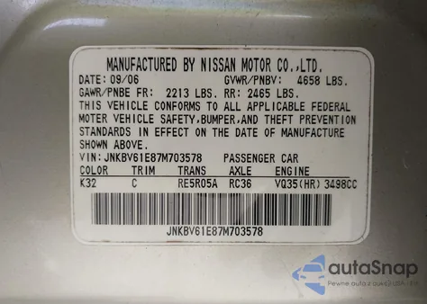 2007 Infiniti G35 Journey from USA, damaged, VIN JNKBV61E87M703578